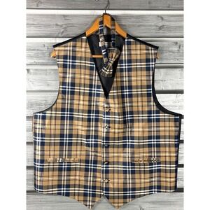 Vesuvio Napoli Mens XXL Plaid Vest and Bow Tie Tan Navy Formal Italy NWOT